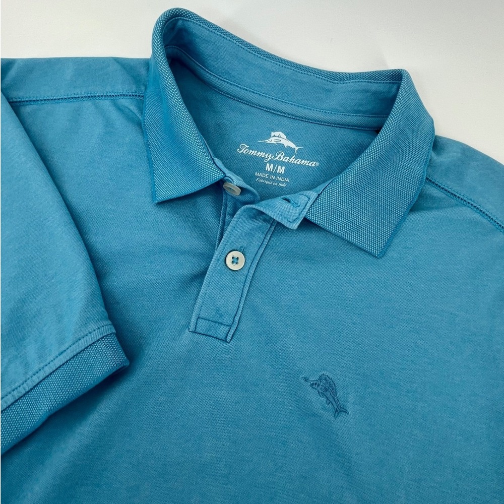 Tommy Bahama Polo Shirt Mens Medium Blue Short Sleeve Cotton Blend Marlin Logo